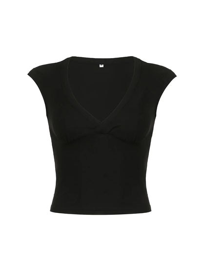 White Solid Basic Slim Low Bust V Neck Crop Tees Women Black Simple Fashion Short Sleeve Summer T Shirt