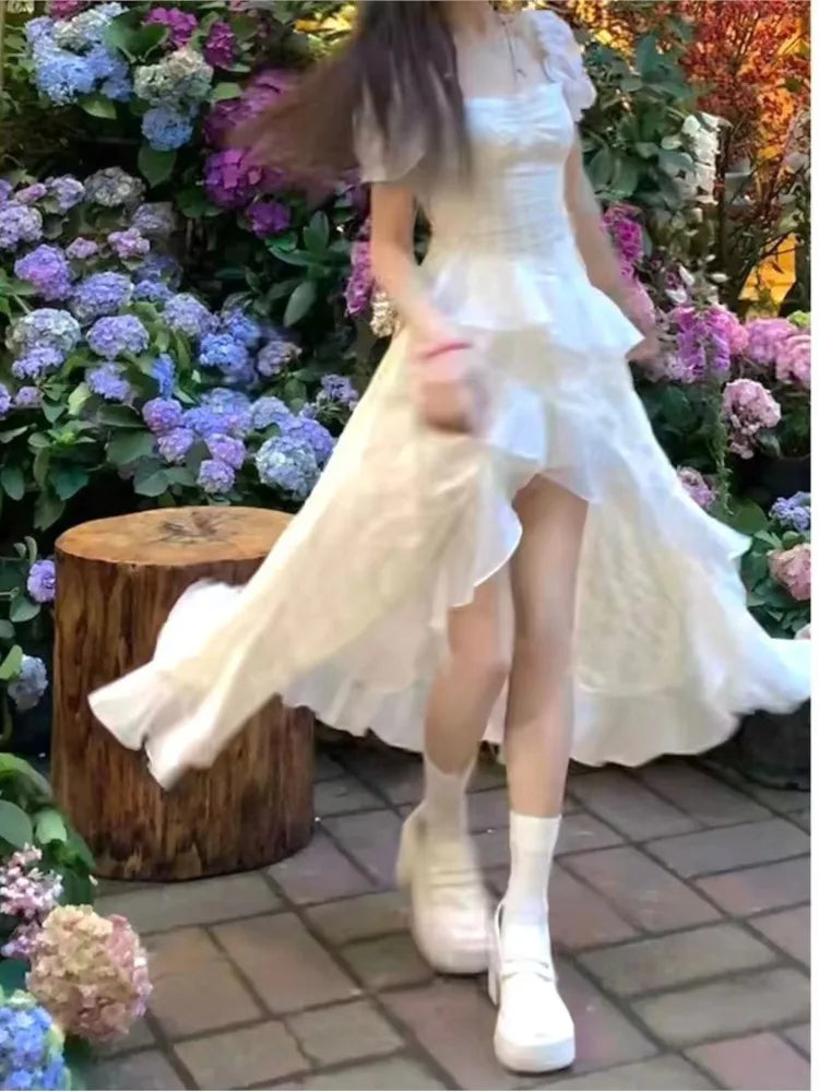 Y2K Irregular Ruffles Midi Dresses for Women Puff Sleeve Square Collar A-line French Vintage Birthday Party Dress Prom Vestidos