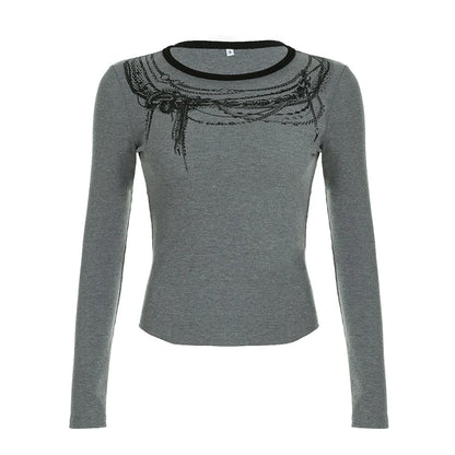 Solid Chain Print O-Neck Long Sleeve Women Blouses Gothic Punk Chic Fashion Autumn Basic Trendy Top Tees