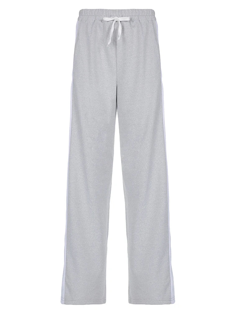 Gray Drawstring Elastic High Waist Casual Sweatpants Women Side Stripe Contrast Patchwork Black Loose Jogging Track Pants