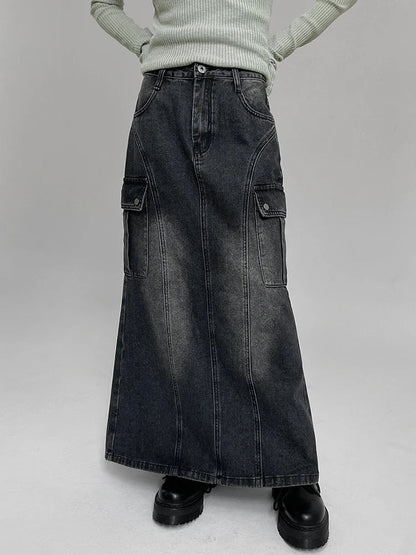 Voguable Vintage Pocket Split Washed Denim Maxi Skirt High Waist Y2K Streetwear Long Skirts Harajuku Korean Fairy Grunge