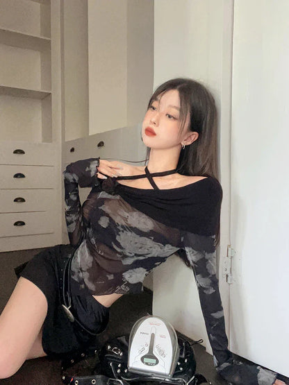 Voguable Harajuku Retro Tie Dye Mesh Tops Flare Sleeve Lace Up T Shirt Y2k Vintage Crop Tops Streetwear Japanese 2000s E Girls Top