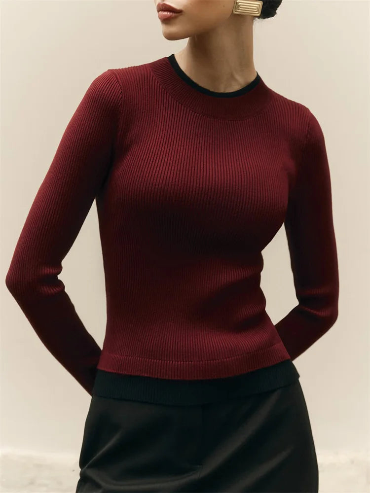 Autumn Knit Sweater Pullover For Women Ribbed Patchwork Long Sleeve Slim Lnner Inner Top Streetwear Female Knitwear Top