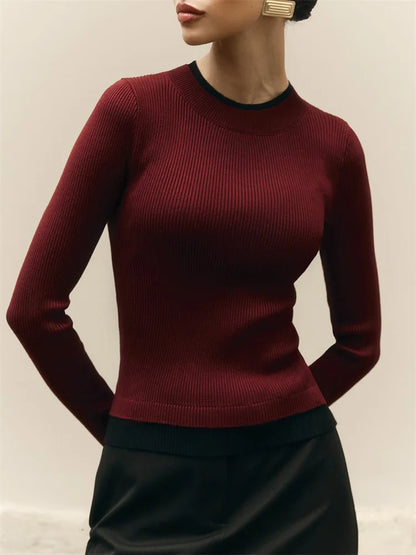 Autumn Knit Sweater Pullover For Women Ribbed Patchwork Long Sleeve Slim Lnner Inner Top Streetwear Female Knitwear Top