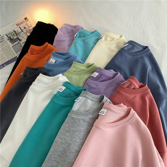 Solid Loose Round Neck Sweater Korean Y2k Full Sleeve Pullover Sweater Round Neck Casual Tops