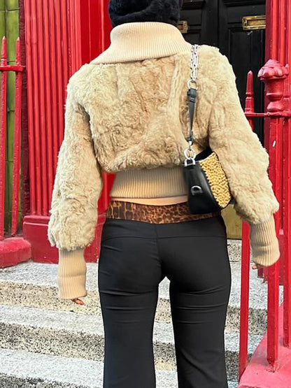 Solid Fluffy Turn-Down Collar Jacket Women s Autumn Winter New Slim Button Cropped Coat Retro Fashion