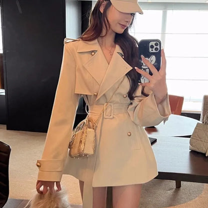 Elegant Lapel Blazer Coats Women Autumn New Double Breasted British Style Jacket with Belt Casual Korean Fashion Outerwear