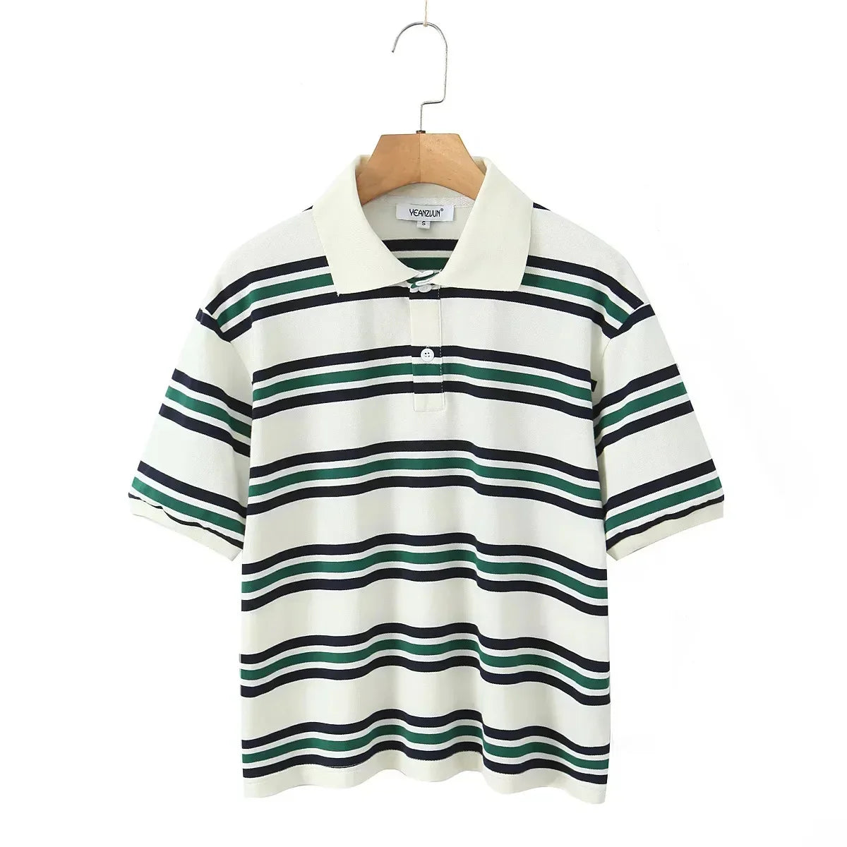 Striped Contrast Short Sleeve T-shirt Women Buttons Turndown Collar Tee Shirt Spring New Streetwear Vintage Chic Top Tees 2025