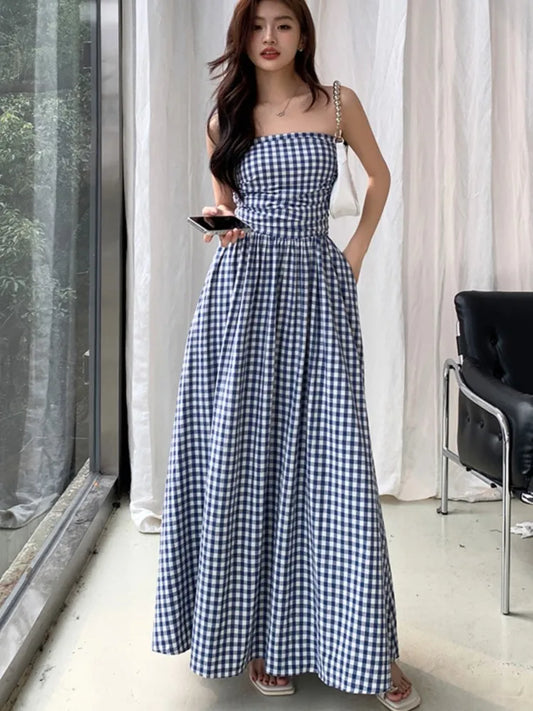 Casual Strapless Midi Dresses for Women Striped Sleeveless A-line Korean Chic Summer New  Party Dress Vestidos Mujer