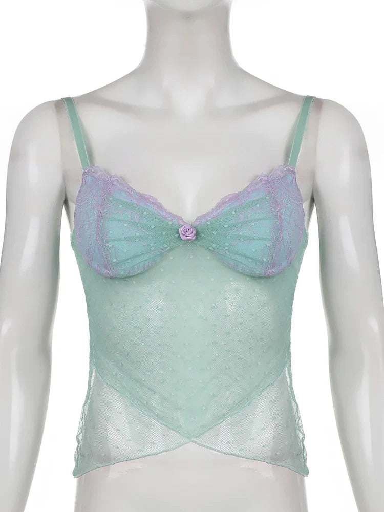 Voguable Polka Dots Lace Frill Mesh Camis Y2K Aesthetic V-neck Crop Top Backless See Through Corset Tops