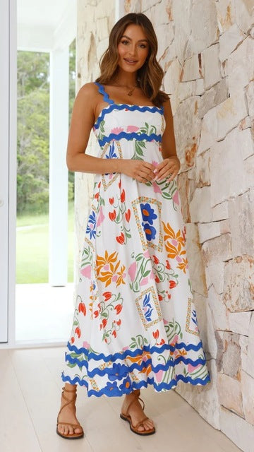 Bohemian Summer Printed A-line Long Dress Sexy Backless Holiday Beach Spaghetti Strap Dresses For Women Maxi Vestidos Para Mujer