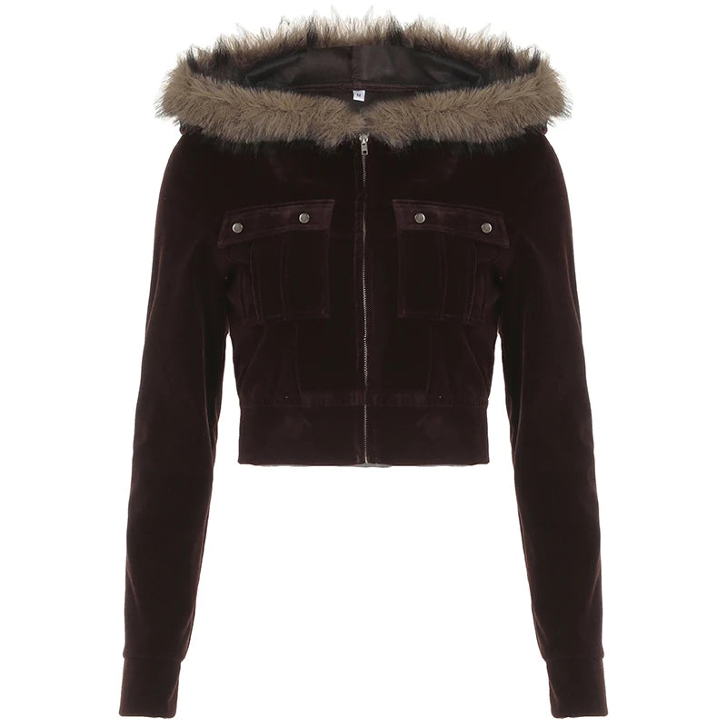 Autumn Trendy Velvet Short Women¡¯s Coat Zipper Faux Collar Hooded Simple All-Match Jackets Fashion New