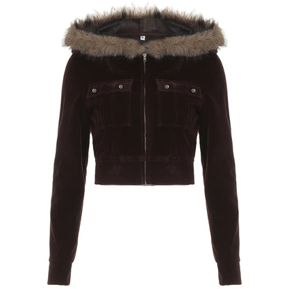 Autumn Trendy Velvet Short Women¡¯s Coat Zipper Faux Collar Hooded Simple All-Match Jackets Fashion New
