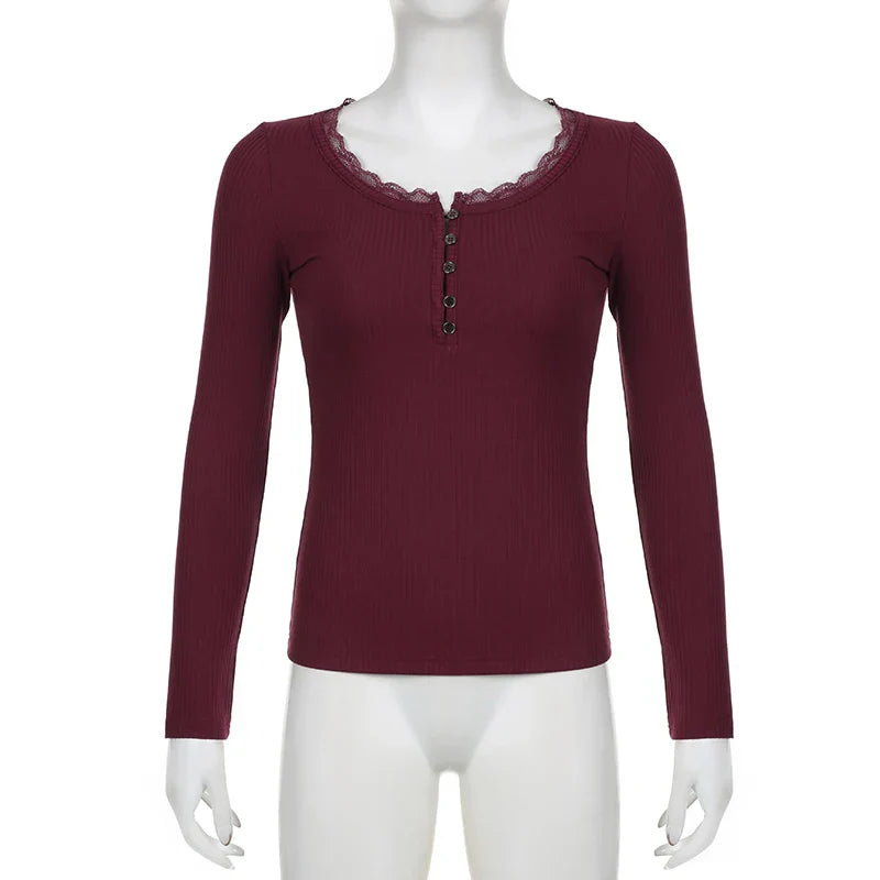 Voguable  Y2K Button-up Knitted Top Red Year Christmas Coquette Aesthetic Slim-fit T-shirts Sweet Cute Knitwear Festival Tees