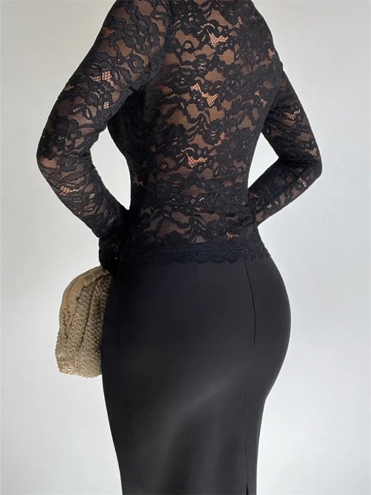 FashionSierra - 2025 Vintage Lace Mesh See Through Long Sleeve Deep V-neck Slim Fit Party Clubwear Black Tee