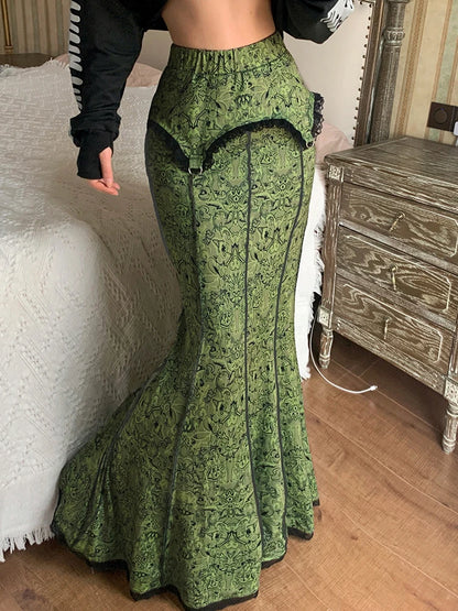 Forest Green Print Aesthetic Vacation Long Skirts Womens Vintage Lace Trim Mermaid Skirt