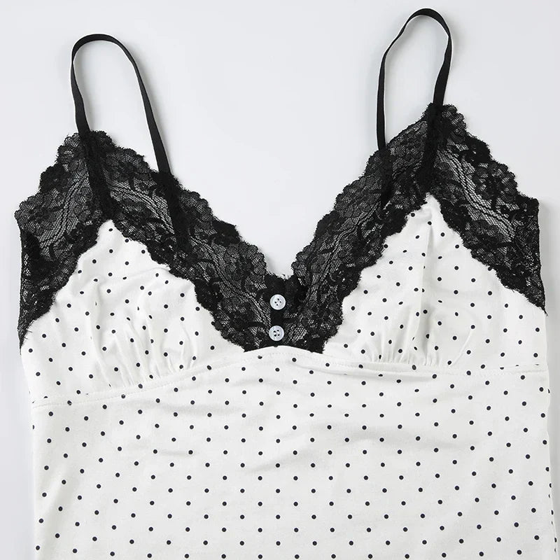 Voguable  Y2K Polka Dot Crop Top Buttons Contrast Lace Patchwork V-neck Camisole Coquette Casual Basic Tank Tops All-match