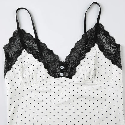 Voguable  Y2K Polka Dot Crop Top Buttons Contrast Lace Patchwork V-neck Camisole Coquette Casual Basic Tank Tops All-match