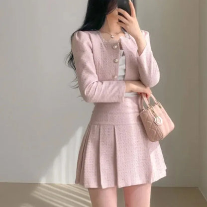 Korean Fashion Elegant Tweed Short Jacket Cropped Coats + High Waist Mini Skirts Suits Autumn New Slim Women Two-Piece Sets