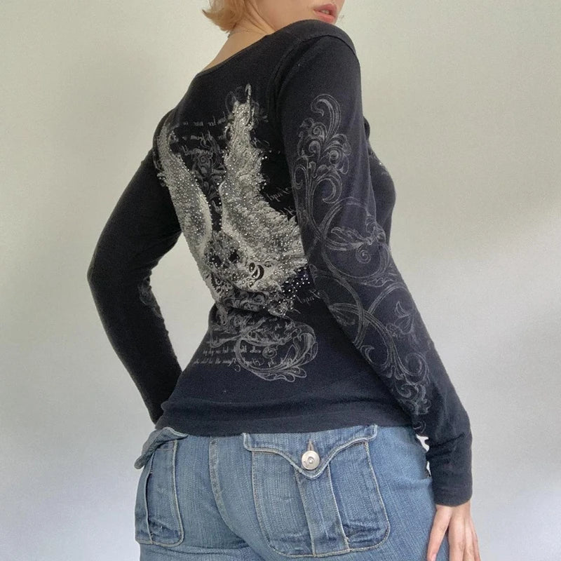 2000s Retro Rhinestone Graphic Print T-shirt Harajuku Grunge Y2K Aesthetics Fairy Crop Top Korean Fashion Vintage Mall Goth Tees