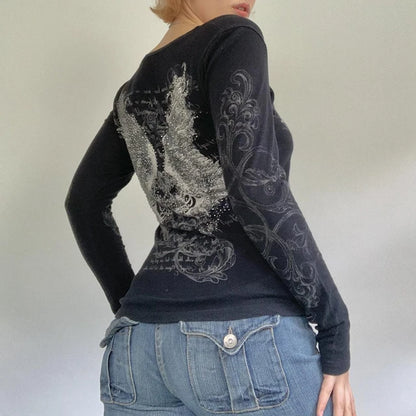 2000s Retro Rhinestone Graphic Print T-shirt Harajuku Grunge Y2K Aesthetics Fairy Crop Top Korean Fashion Vintage Mall Goth Tees