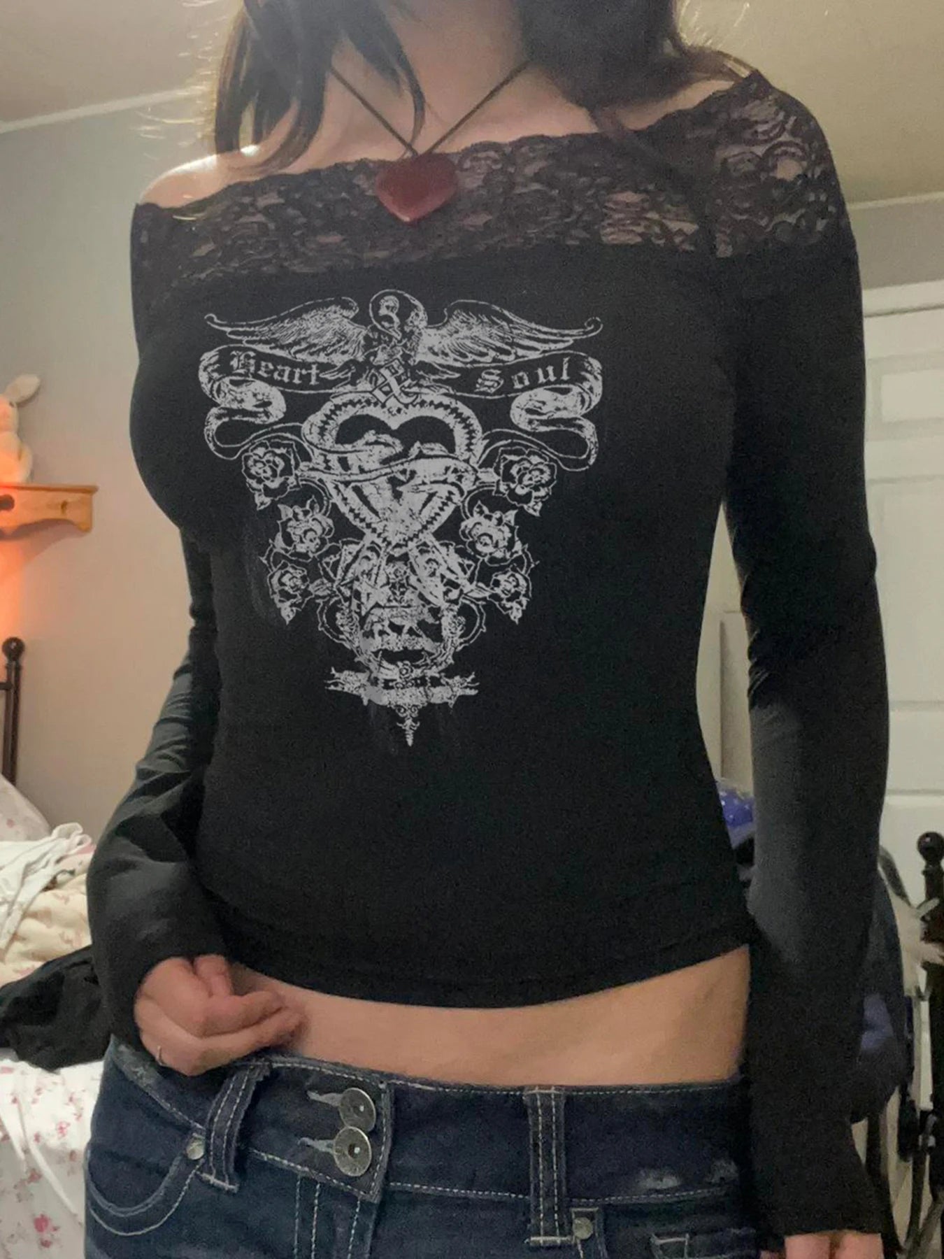 Dark Grunge Print Off Shoulder Long Sleeve Tees Lace Trim Slash Neck Skinny Y2K Black T Shirt Women