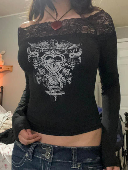 Dark Grunge Print Off Shoulder Long Sleeve Tees Lace Trim Slash Neck Skinny Y2K Black T Shirt Women