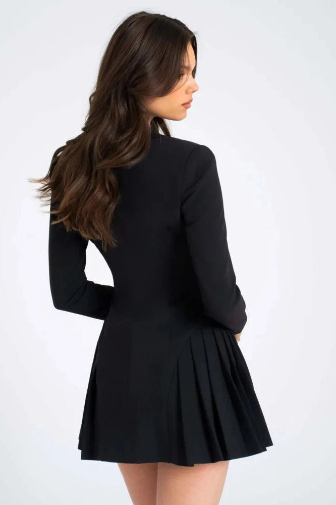 Slim Bodycon Pleated Mini Dress with Long Sleeves