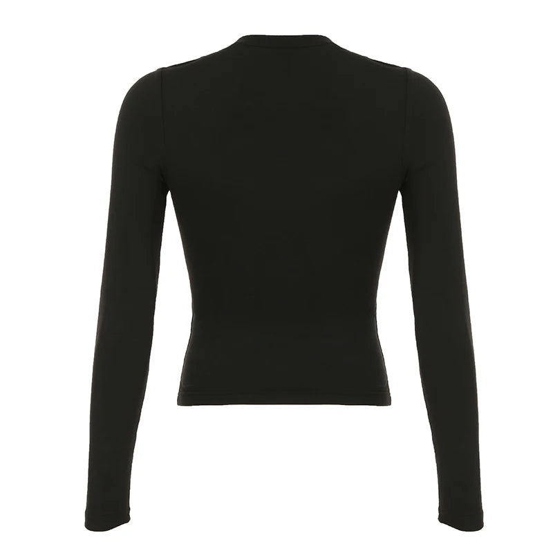 Darkly Punk Cothic Women Long Sleeve T-Shirt Patchwork Chic Fabric Cut Out O-Neck Top Tees Slim Sexy Solid Tops