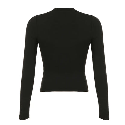 Darkly Punk Cothic Women Long Sleeve T-Shirt Patchwork Chic Fabric Cut Out O-Neck Top Tees Slim Sexy Solid Tops