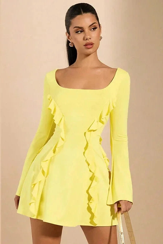 Lace-Up Backless Mini Dress with Patchwork and Flare Sleeves