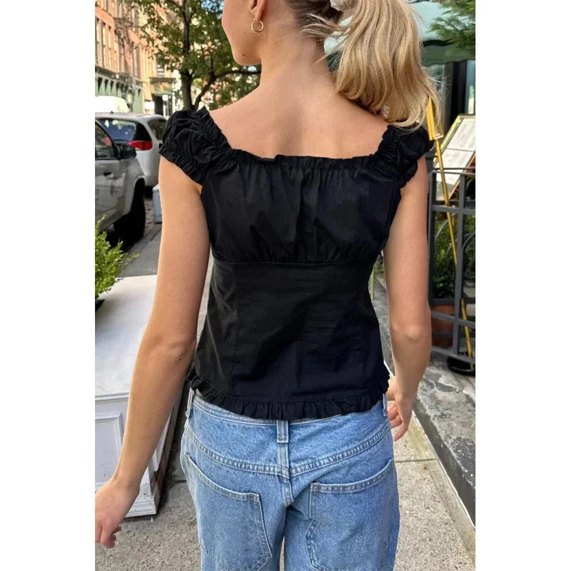 y2k Tank Top Clothes Solid Color Cap Sleeve Button Down Slim Fit Frill T Shirt 2000s Vest Streetwear