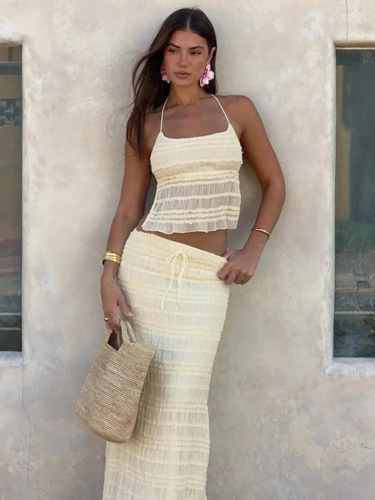Chiffon Lace Halter Maxi Sexy Long Two Piece Skirt Set