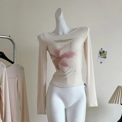 Fairy Coquette Top y2k Clothing Rhinestone Floral Print Round Neck Long Sleeve T Shirts 2000s Clothes Streetwear