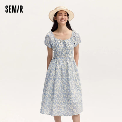 Dress Women Gentle And Elegant  Summer New French-Style Square Collar Waist Cinched Mid-Length Fresh