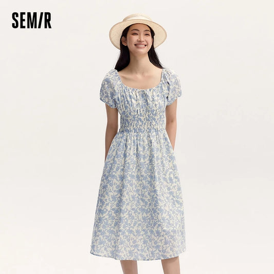 Dress Women Gentle And Elegant  Summer New French-Style Square Collar Waist Cinched Mid-Length Fresh