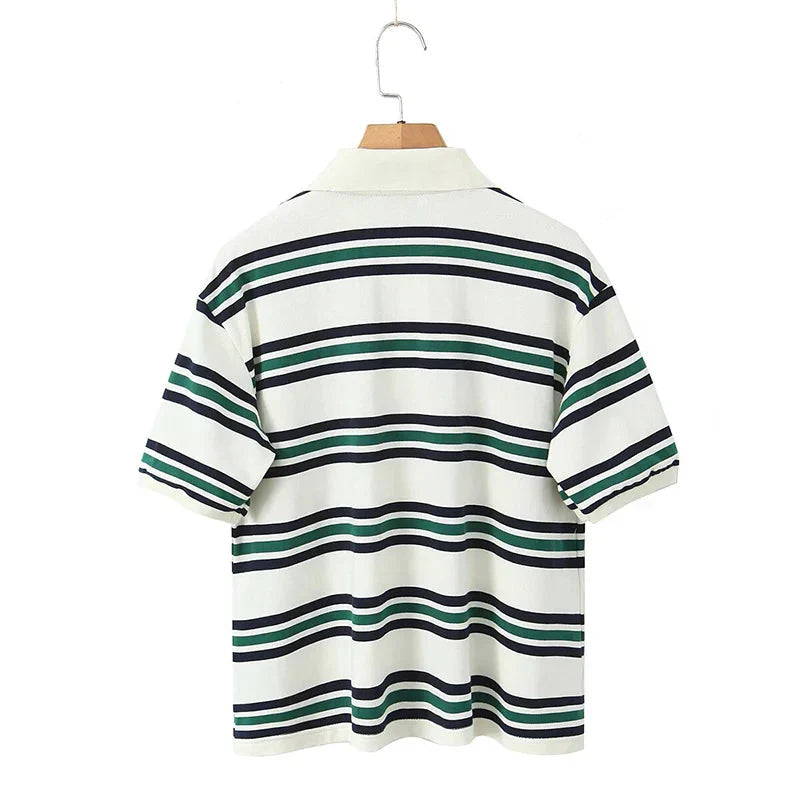 American Retro Contrasting Striped T Shirt Polo Collar Short Sleeve Preppy Vintage Tees Y2K Tops