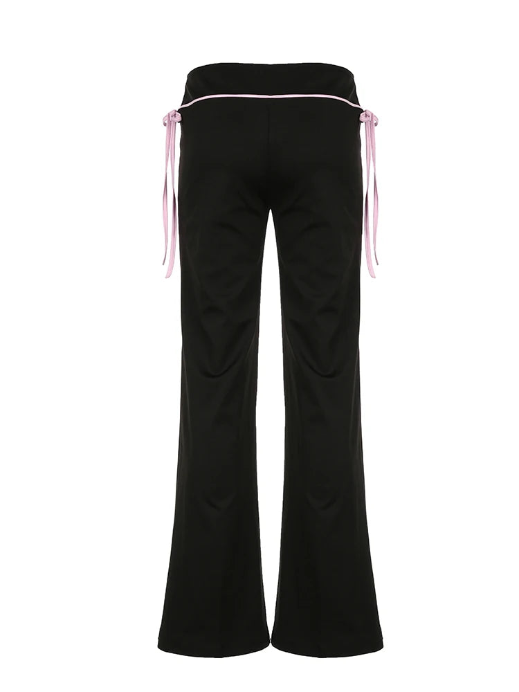 Contrast Lace-Up Low Waist Y2K Flared Pants Women Black Basic Simple Casual Sweet Style Trousers