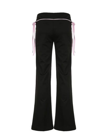 Contrast Lace-Up Low Waist Y2K Flared Pants Women Black Basic Simple Casual Sweet Style Trousers