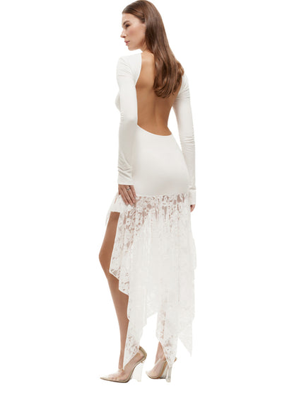 Elegant Long Sleeved Lace Patchwork Bodycon Dress Female Sexy Irregular Female Vestido Autumn/winter Party Evening Dress