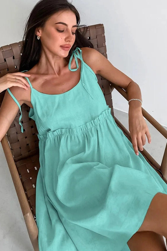 Spaghetti Strap Loose Mini Dress with Lace Up Detail