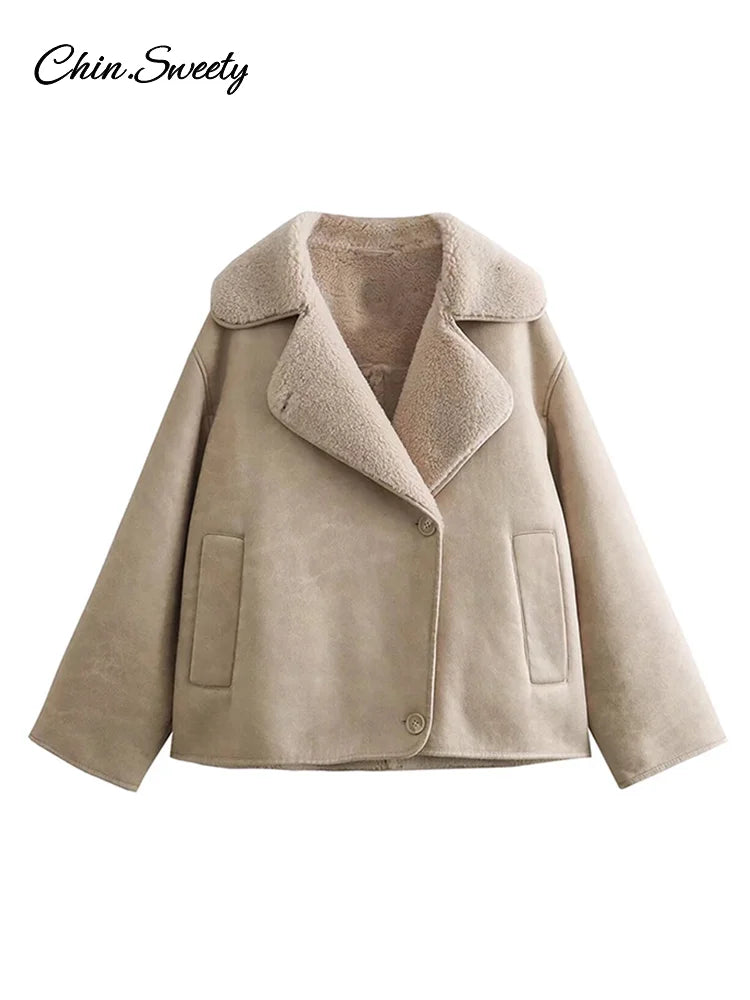 Vintage Women’s Leather Jacket Loose Thick Warm Lapel Single Breasted Long Sleeve Fleece Jacket  Fall Winter Street Outwear