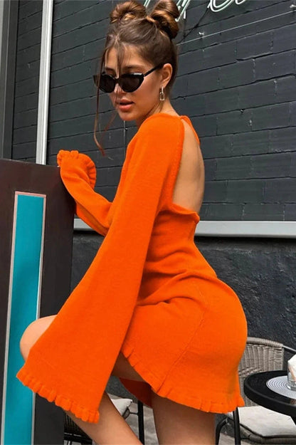 Lace-Up Long Sleeve Mini Dress with High Waist