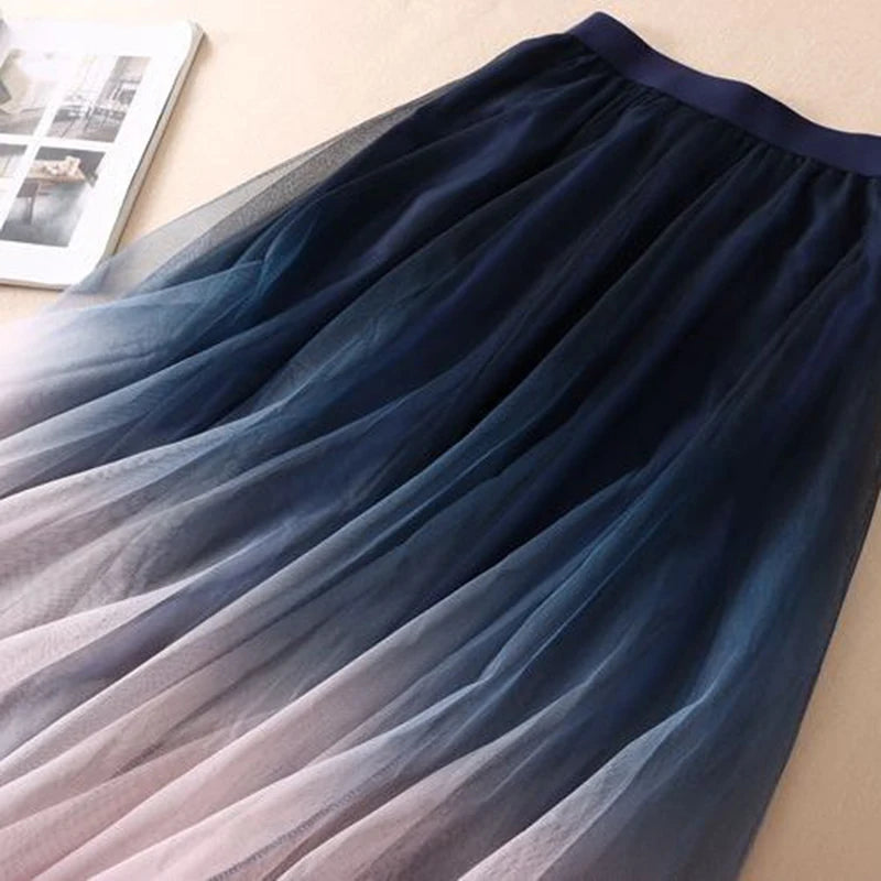 Gradient Tulle Midi Skirt Women Elegant Mesh Pleated Skirts Summer Korean Fashion High Waist Casual All Match A Line Skirt