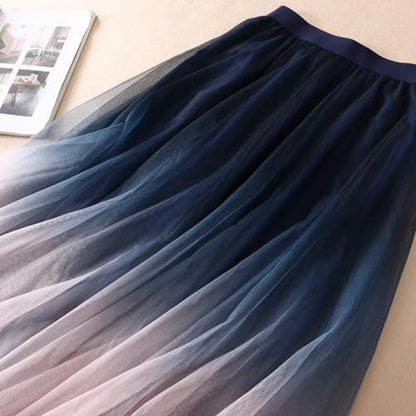 Gradient Tulle Midi Skirt Women Elegant Mesh Pleated Skirts Summer Korean Fashion High Waist Casual All Match A Line Skirt