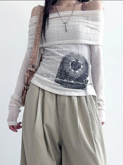 Off Shoulder Slim Long Sleeve Elegant T Shirt Women Abstract Print Korean Minimalism Style Simple Fashion Knitted Tops