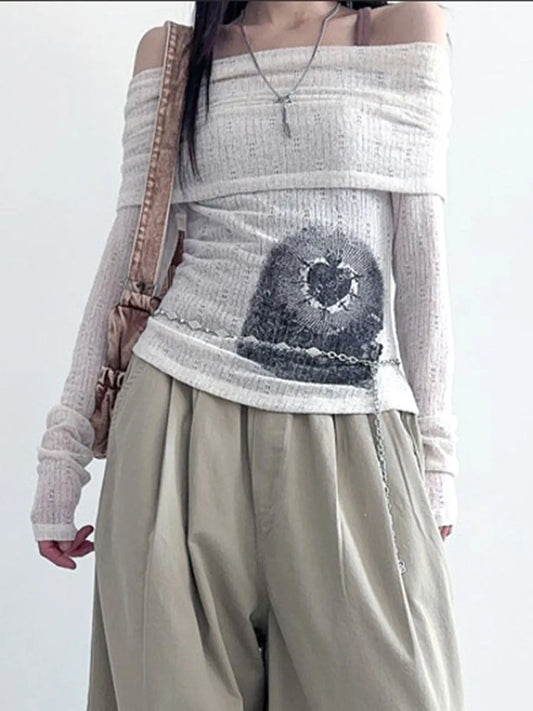 Off Shoulder Slim Long Sleeve Elegant T Shirt Women Abstract Print Korean Minimalism Style Simple Fashion Knitted Tops