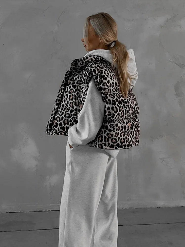 Vintage Leopard Zipper Cotton Vests Women Casual Loose Sleeveless Lapel Short Coats Female Autumn Chic Elegant Street Outwear