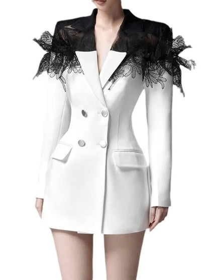New Fashion Lace Patchwork Design Notched Collar Double Breasted Contrast Color Women’s Suit Dress 2025 Spring Winter A6718