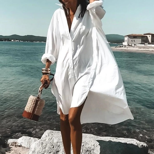 Color Flowers Printed Shirts Dresses Women Fashion Temperament Commuting Loose Midi Shirts Dress Lady Vestidos Spring Summer New